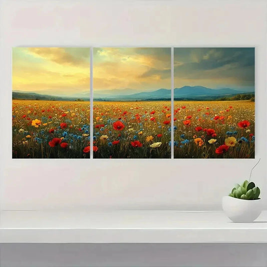 3pcs Vintage Wildflower Field Floral Landscape Metal Print Ready to Hang Art