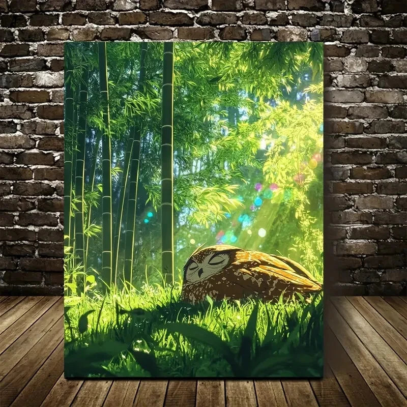 Cartoon Owl in Bamboo Grove with Rainbow 40x60cm Metal Print Ready to Hang - Bella Home Decor