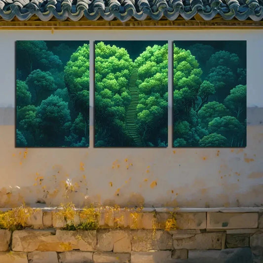 3pcs Vibrant Heart Shaped Forest Greenery Metal Print Ready to Hang Art