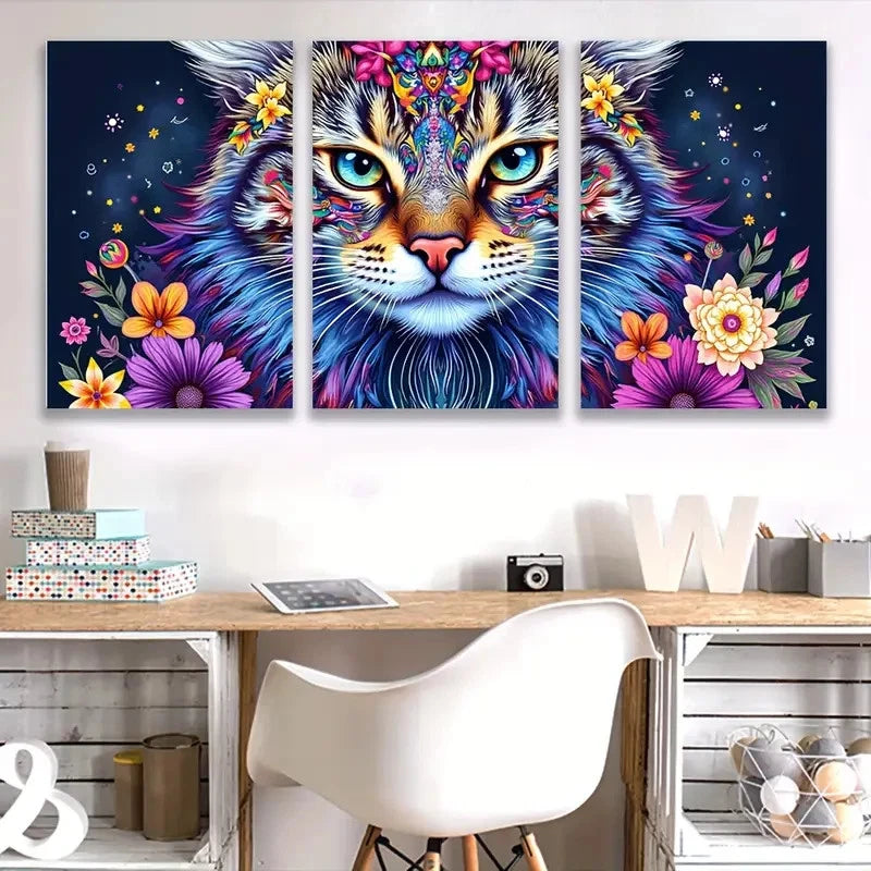 3pcs Colorful Cat with Floral & Starry Design I  Wall Art Set Canvas Framed 60x90cm - High Quality Print 100% Australian Made Wall Canvas Ready to Hang - Bella Home Decor