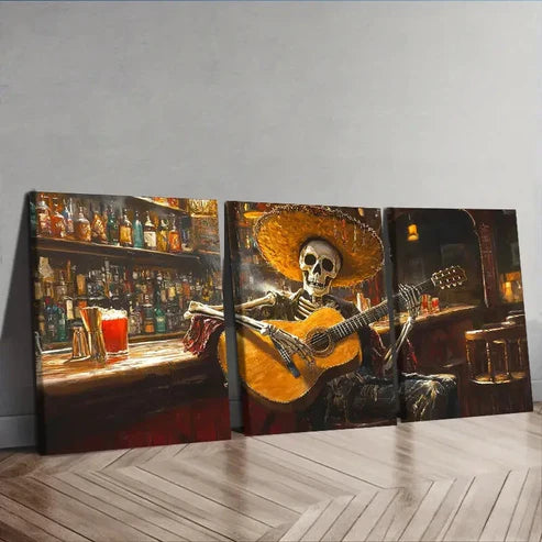 3pcs A Skeleton Playing Guitar in a Bar Wall Art Set Canvas Unframed - High Quality Print 100% Australian Made Wall Canvas