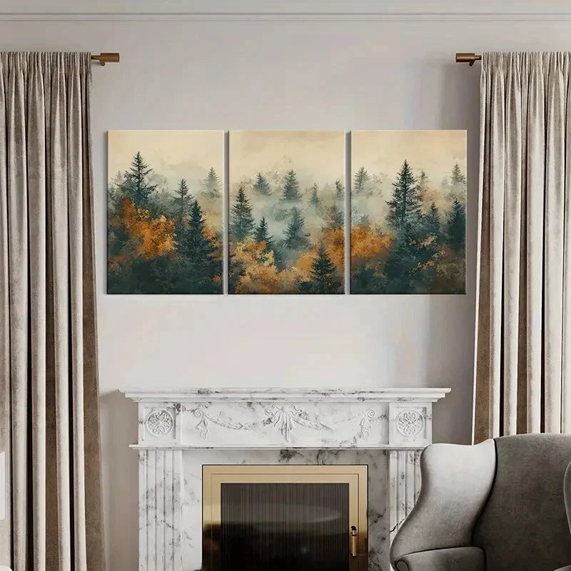 3pcs Misty Forest Silhouettes Autumn Colors Metal Print Ready to Hang Art - Bella Home Decor