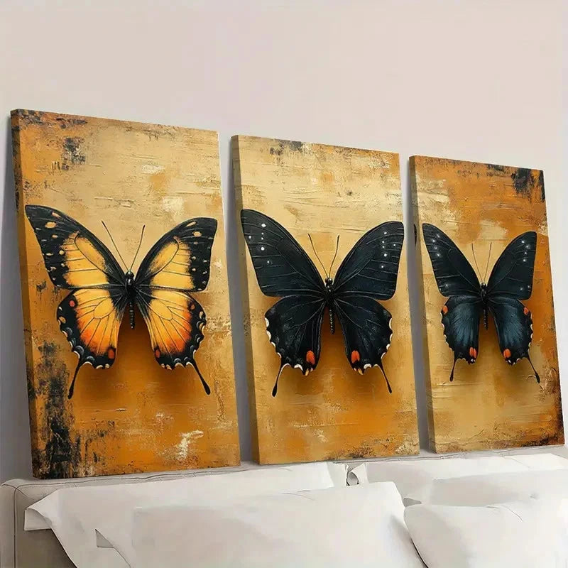 3pcs GoldenYellow Background  Black ButterflyN  Wall Art Set Canvas Framed 60x90cm - High Quality Print 100% Australian Made Wall Canvas Ready to Hang - Bella Home Decor