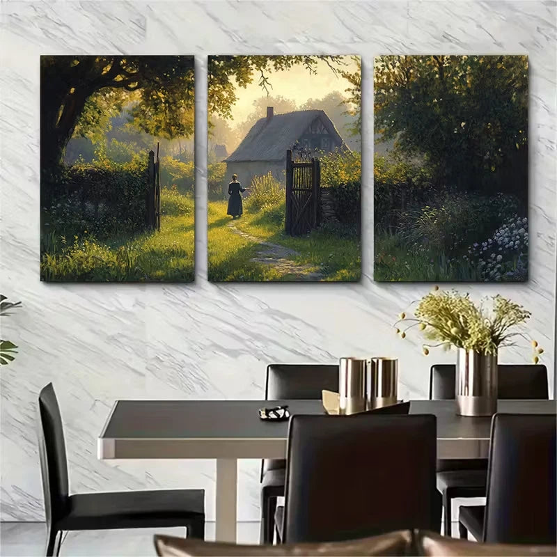 3pcs Oak Forests, Thatched Cottages Metal Print Ready to Hang Art