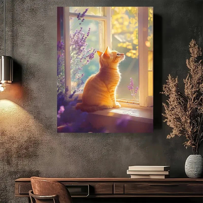 Beautiful Whimsical Kitten with Lavender Painting 40x60cm Metal Print Ready to Hang - Bella Home Decor