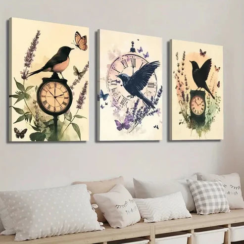 3pcs Vintage Bird & Botanical Clock Wall Art Set Canvas Unframed - High Quality Print 100% Australian Made Wall Canvas