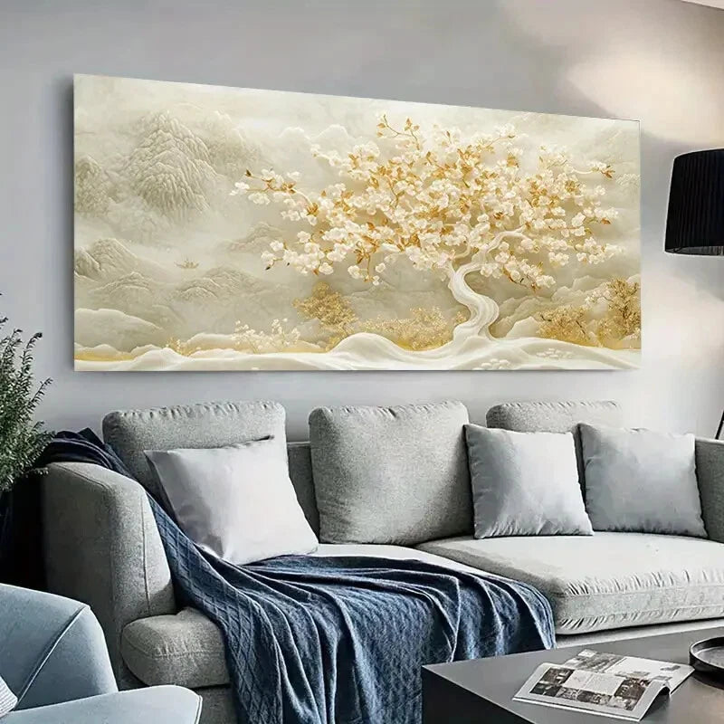 Golden Tree Misty Mountain wall canvas office home room framed 120x60cm - Bella Home Decor