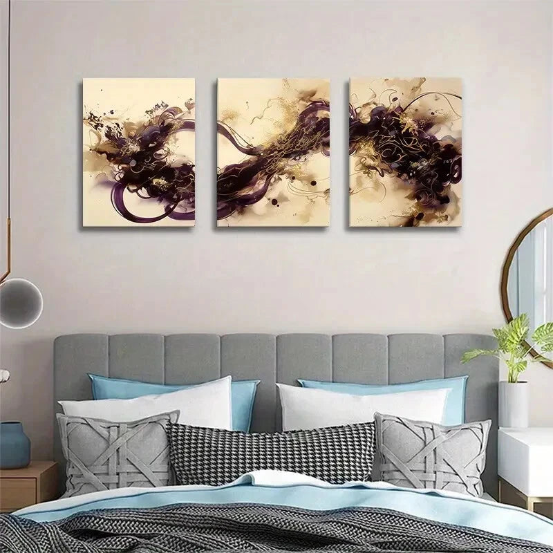 3pcs Abstract Golden and Purple Ink Swirl Metal Print Ready to Hang Art - Bella Home Decor