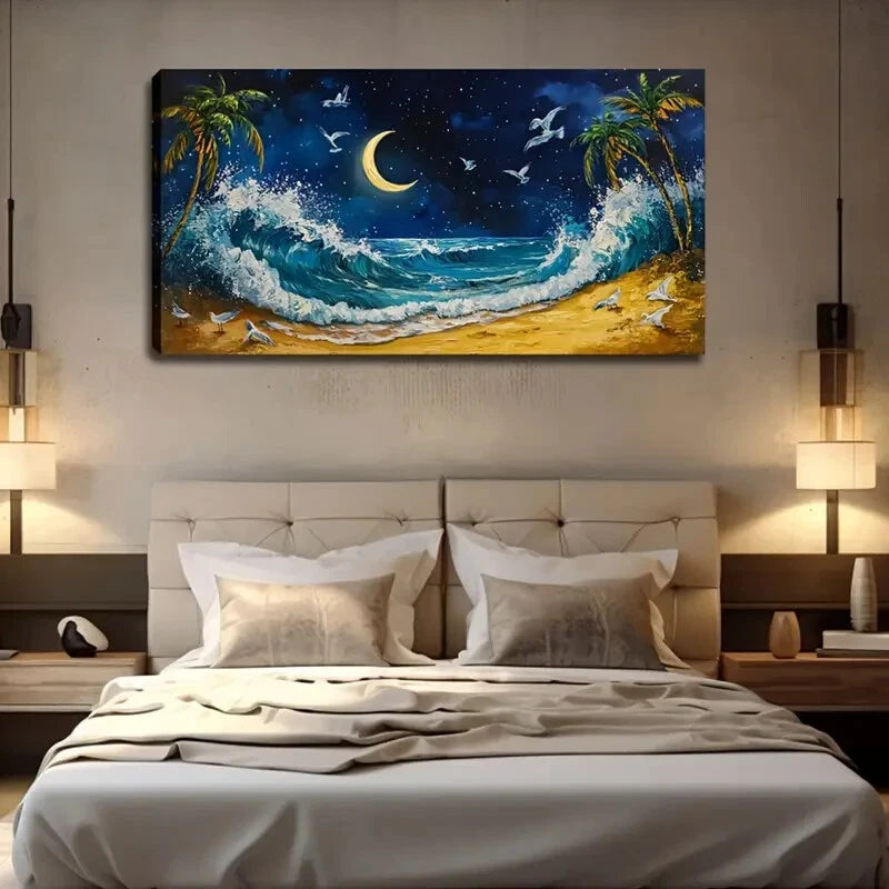 Moonlit Beach Scene With Waves Wall Art Canvas Office Home Room Framed 120x60cm - Bella Home Decor