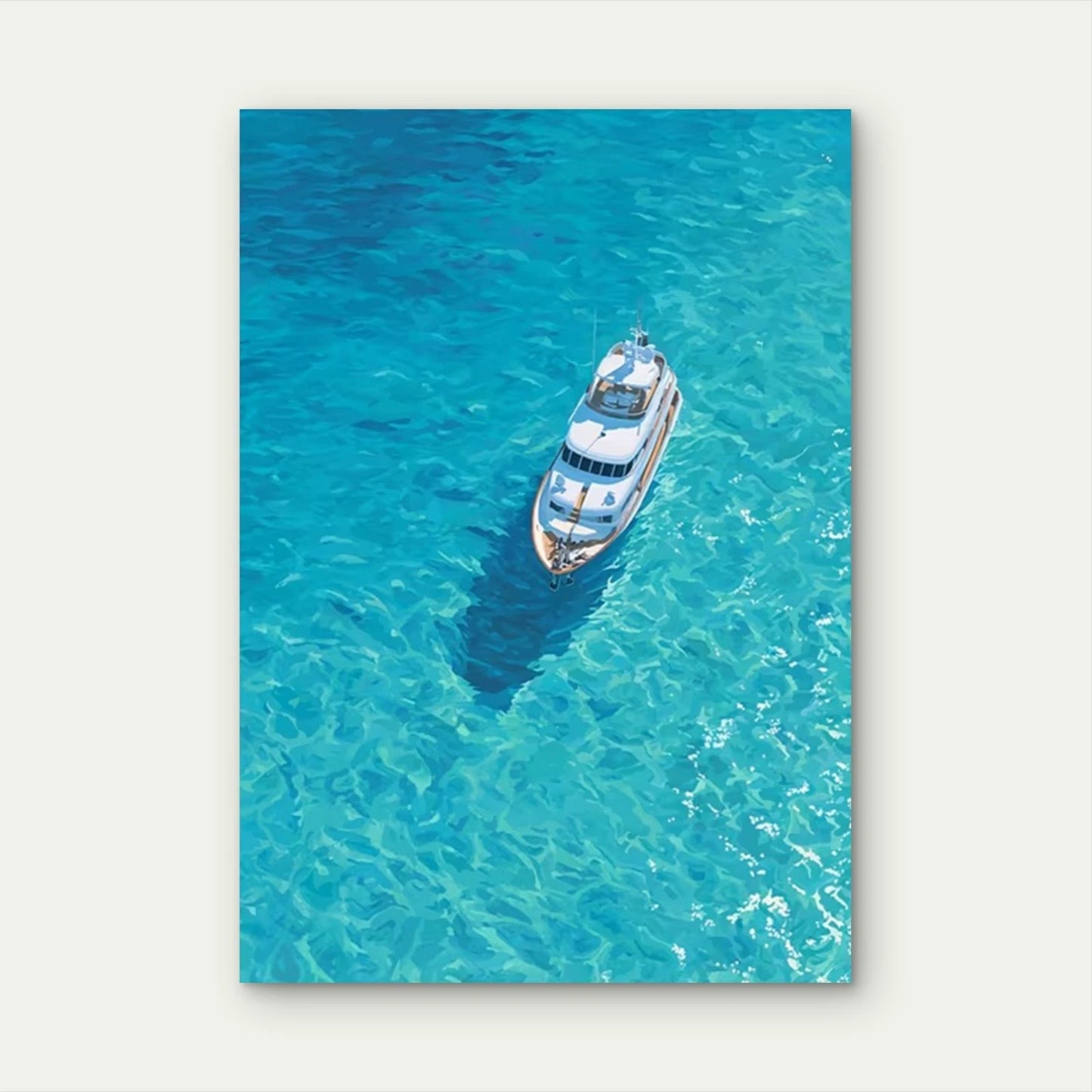 Ocean Nautical Painting with White Boat on Blue Waters Metal Print Ready to Hang