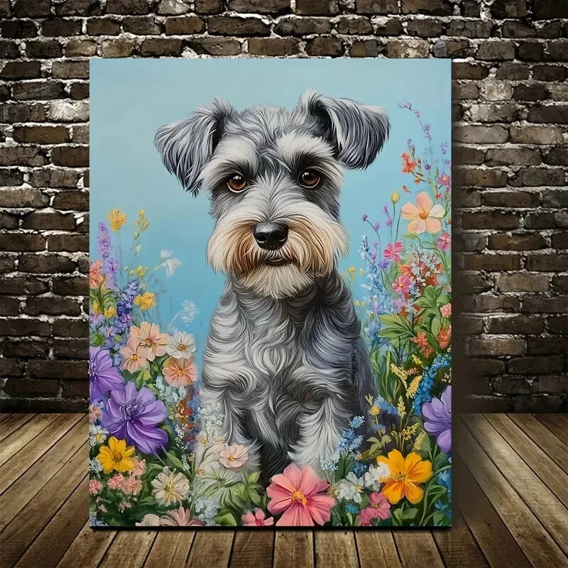 Flowers And Plants Cute Schnauzer Dog Painting 40x60cm Metal Print Ready to Hang - Bella Home Decor
