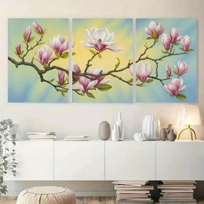 3pcs Serene Pink & White Magnolia Branches Metal Print Ready to Hang Art