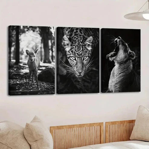 3pcs Vintage Black & White Animals Deer Leopard Wall Art Set Canvas Unframed - High Quality Print 100% Australian Made Wall Canvas