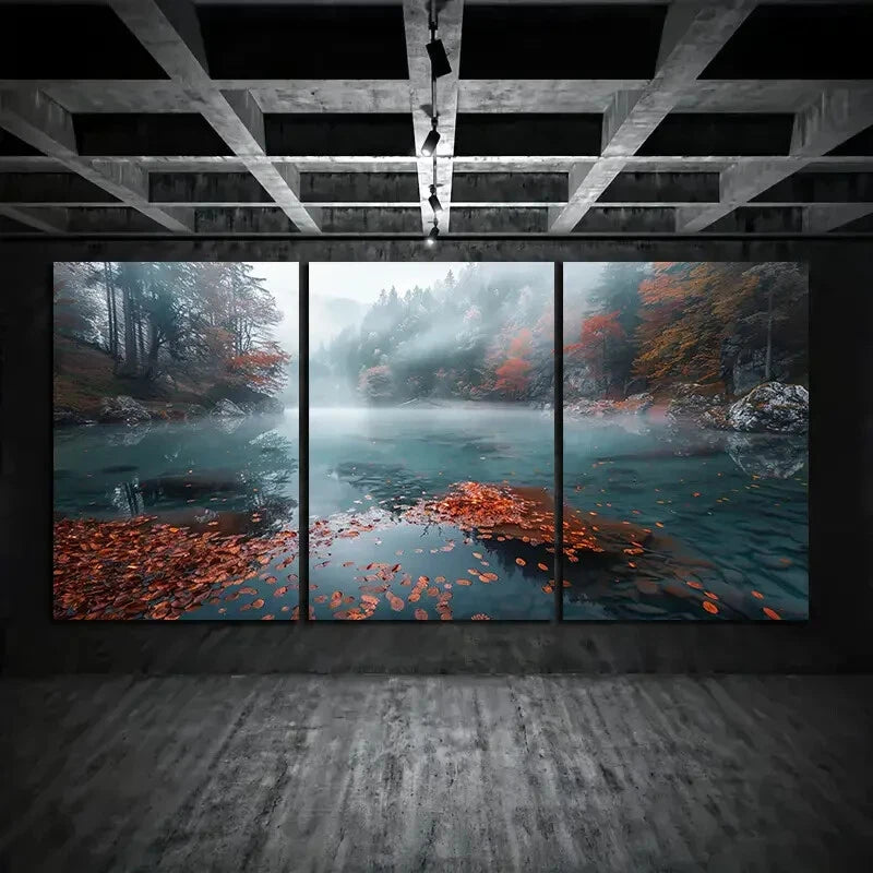 3pcs Beautiful Lake In The Center Autumn Forest Metal Print Ready to Hang Art