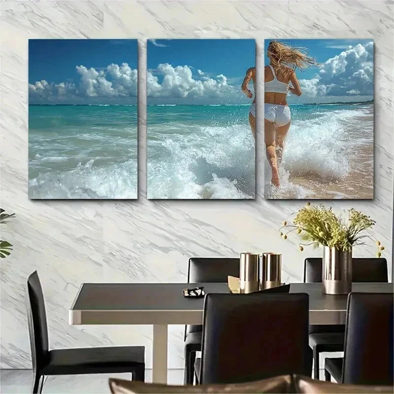 3pcs Woman Running on Sandy Beach I   Wall Art Set Canvas Framed 40x60cm - High Quality Print 100% Australian Made Wall Canvas Ready to Hang - Bella Home Decor