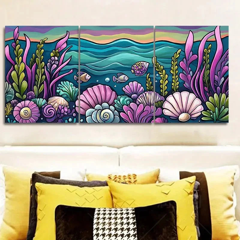 3pcs Colorful Underwater Scene with Seashells  Wall Art Set Canvas Framed 60x90cm - High Quality Print 100% Australian Made Wall Canvas Ready to Hang - Bella Home Decor