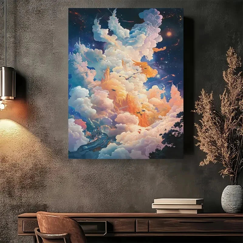 Beautiful Fantasy Cloudscape Vibrant Castle Painting 40x60cm Metal Print Ready to Hang - Bella Home Decor