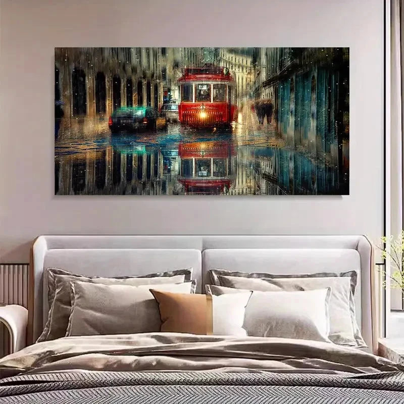Vintage Red Bus Retro Night Wall Art Canvas Office Home Room Framed 120x60cm