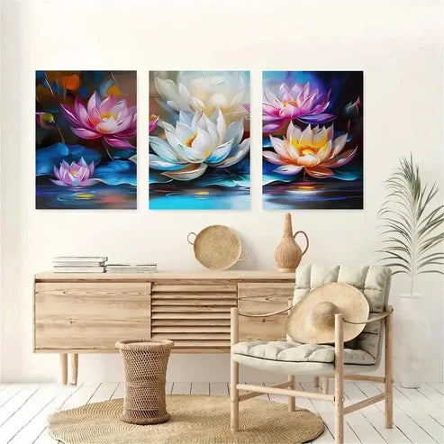 3pcs Botanical Vibrant Lotus Flower Perfect Wall Art Canvas Unframed - High Quality Print 100% Australian Made Wall Canvas - Bella Home Decor