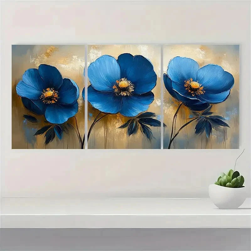 3pcs Abstract Blue Floral Flower Oil Painting Metal Print Ready to Hang Art - Bella Home Decor