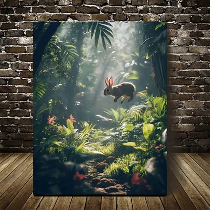 Dreamlike Jungle Scene with Joyful Rabbit 40x60cm Metal Print Ready to Hang - Bella Home Decor
