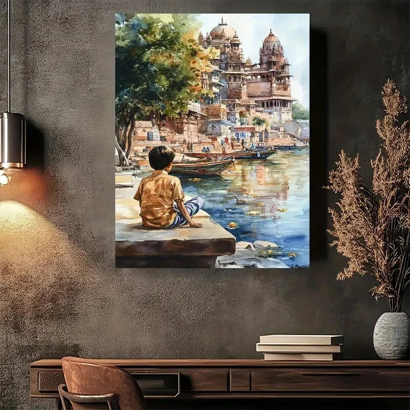 Beautiful Indian Temple Reflections Painting 40x60cm Metal Print Ready to Hang - Bella Home Decor