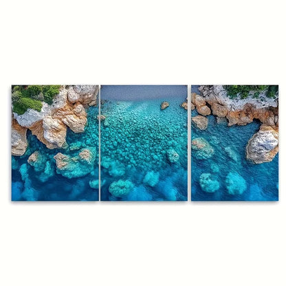 3pcs Aerial Blue Seascape Water Rock Clusters Metal Print Ready to Hang Art - Bella Home Decor