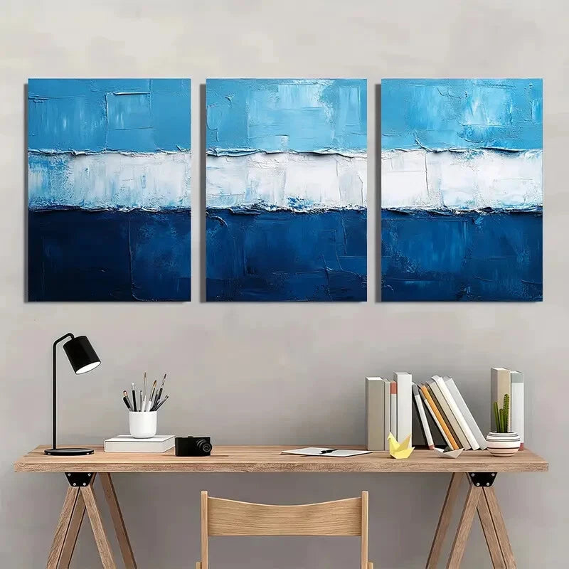 3pcs Blue and White Textured Abstract Metal Print Ready to Hang Art - Bella Home Decor