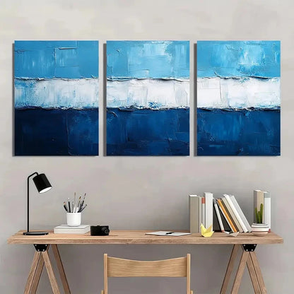 3pcs Blue and White Textured Abstract Metal Print Ready to Hang Art - Bella Home Decor