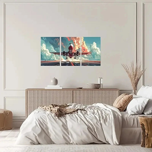3pcs Red Airplane with White Clouds Metal Print Ready to Hang Art