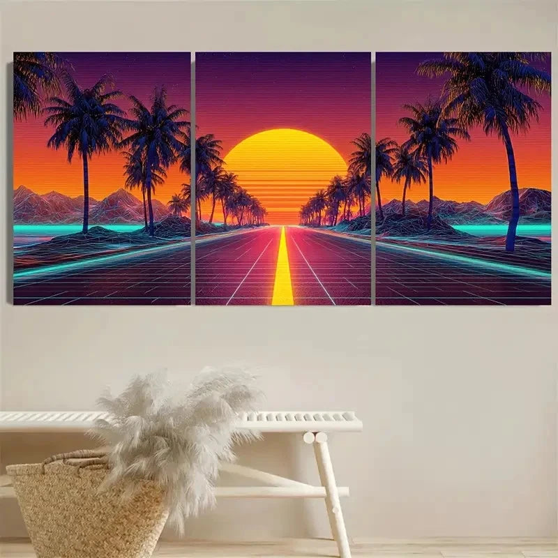 3pcs Neon Sunset Palm Tree Synthwave Retro Art Wall Art Set Canvas Framed 50x70cm - High Quality Print 100% Australian Made Wall Canvas Ready to Hang