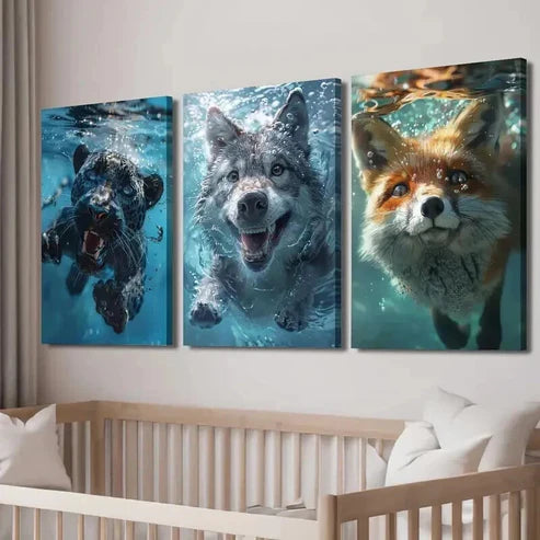 3pcs Swimming Underwater Black Panther Wolf Fox Wall Art Set Canvas Unframed - High Quality Print 100% Australian Made Wall Canvas