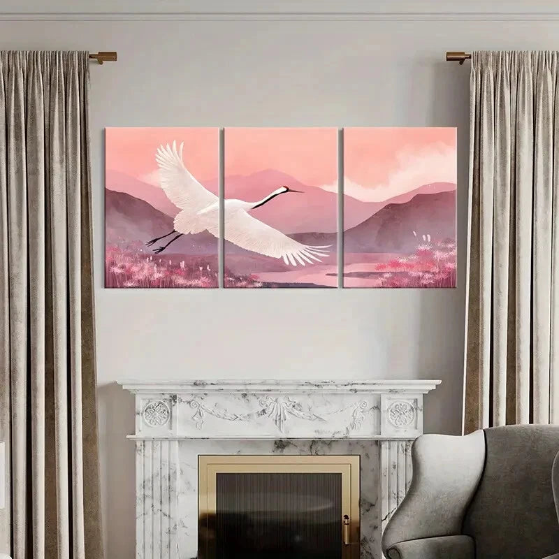 3pcs Elegant White Crane Mountain Landscape Pink Metal Print Ready to Hang Art - Bella Home Decor