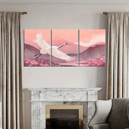 3pcs Elegant White Crane Mountain Landscape Pink Metal Print Ready to Hang Art - Bella Home Decor