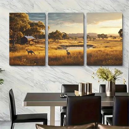 3pcs Grazing Kangaroos in Golden grasslands  Wall Art Set Canvas Framed 50x70cm - High Quality Print 100% Australian Made Wall Canvas Ready to Hang - Bella Home Decor