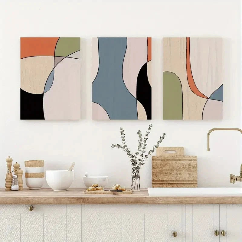 3pcs Designs in Shades ofOrange Blue Black & Green Metal Print Ready to Hang Art - Bella Home Decor