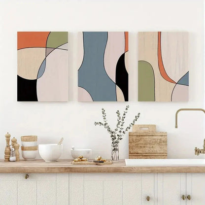 3pcs Designs in Shades ofOrange Blue Black & Green Metal Print Ready to Hang Art - Bella Home Decor