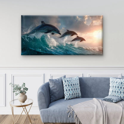 Dolphin Trio Leaping Dolphins Ocean Wall Art Canvas Office Home Room Framed 120x60cm - Bella Home Decor