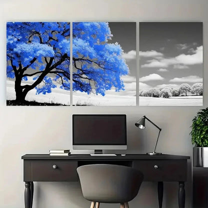 3pcs Blue Blossom Tree Nature Illustration Metal Print Ready to Hang Art - Bella Home Decor