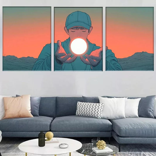 3pcs Boy Holding Glowing Sphere in Desert Wall Art Set Canvas Framed 40x60cm - High Quality Print 100% Australian Made Wall Canvas Ready to Hang