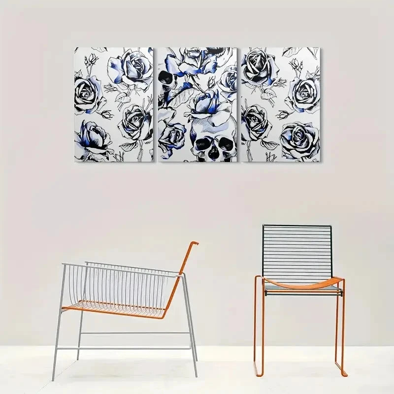 3pcs Blue and White Rose Skull Gothic Floral Metal Print Ready to Hang Art - Bella Home Decor