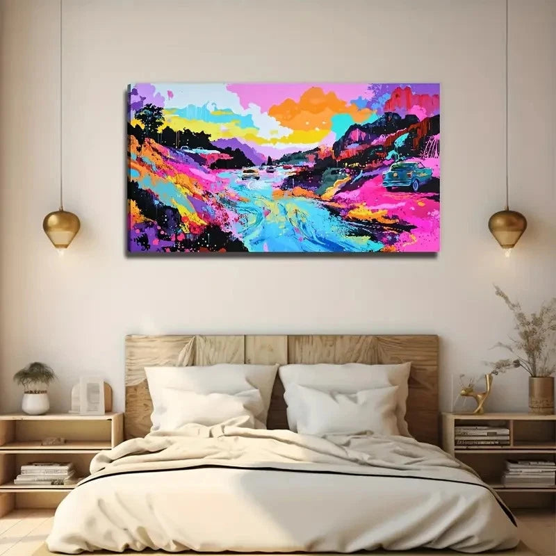 Abstract River Car Suitable Wall Art Canvas Office Home Room Framed 120x60cm