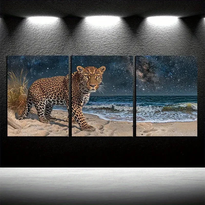 3pcs Leopards on the Beach Illustration Metal Print Ready to Hang Art - Bella Home Decor