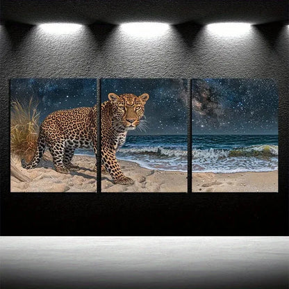 3pcs Leopards on the Beach Illustration Metal Print Ready to Hang Art - Bella Home Decor