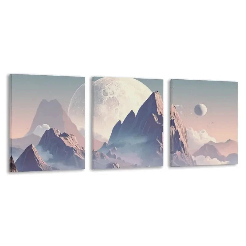 3pcs Everest Mountain Under A Giant Moon  Wall Art Set Canvas Framed 50x70cm - High Quality Print 100% Australian Made Wall Canvas Ready to Hang