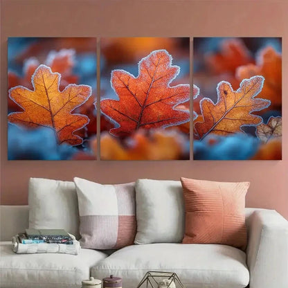 3pcs Frozen Fallen Oak Leaves On The Forest Metal Print Ready to Hang Art