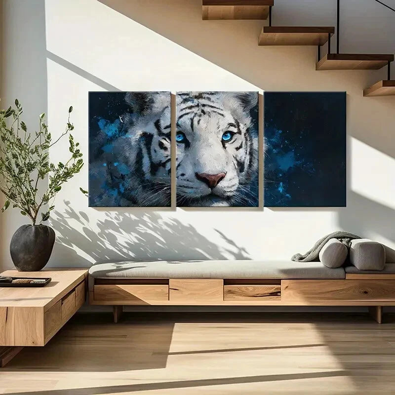 3pcs White Tiger Art Blue Eyes Abstract Painting Metal Print Ready to Hang Art - Bella Home Decor