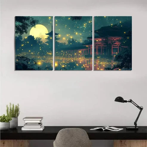 3pcs Glowing Fireflies & Asian Pagoda Design Wall Art Set Canvas Unframed - High Quality Print 100% Australian Made Wall Canvas - Bella Home Decor