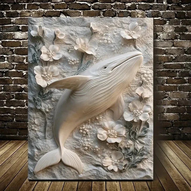 Featuring a Whale Surrounded by Floral Design Painting 40x60cm Metal Print Ready to Hang - Bella Home Decor