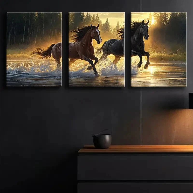 3pcs Sunset Horse Racing Scene Wall Art Set Canvas Framed 50x70cm - High Quality Print 100% Australian Made Wall Canvas Ready to Hang - Bella Home Decor